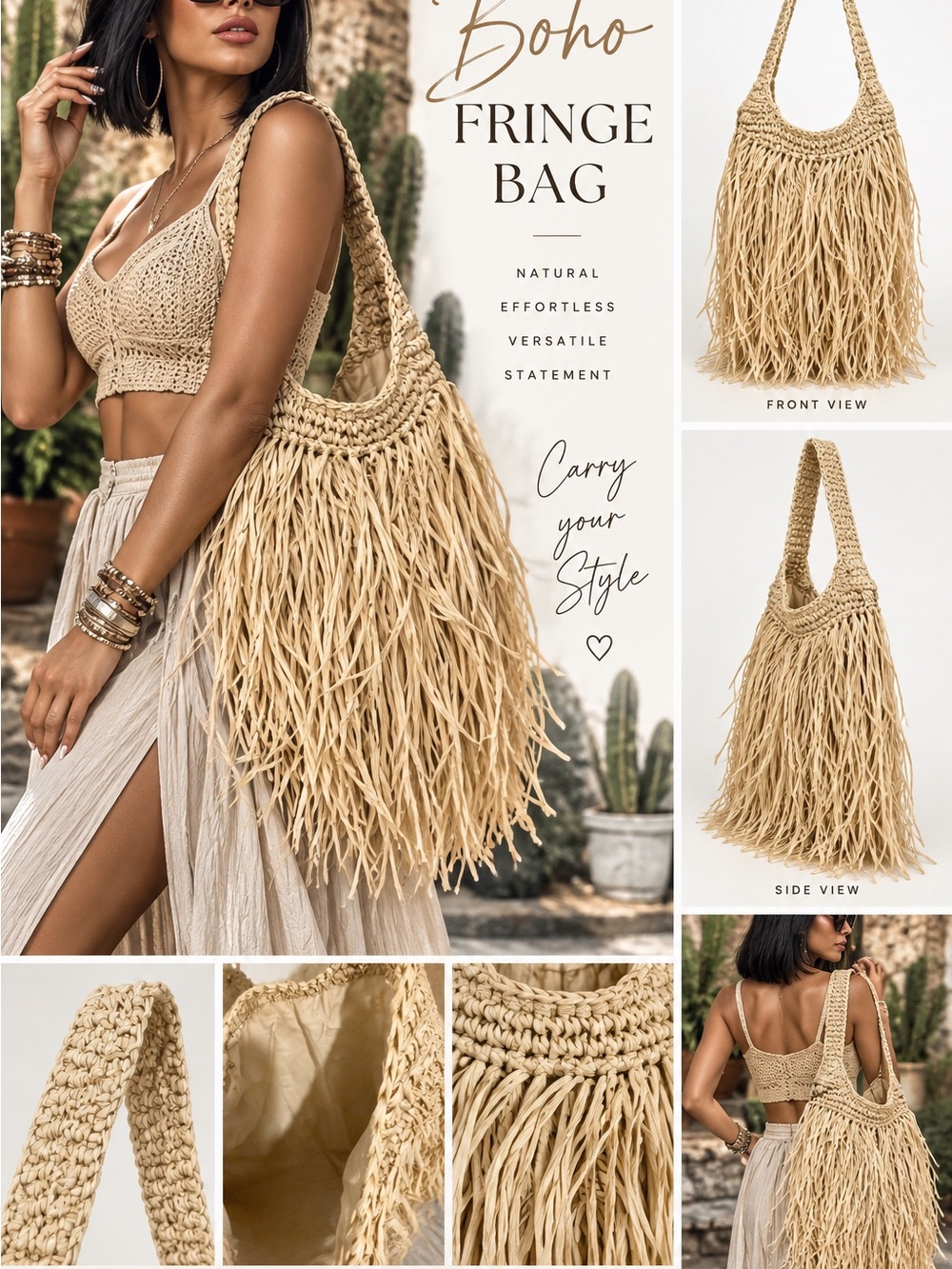 Boho Fringe Tote Bag – Natural Straw Shoulder Bag
